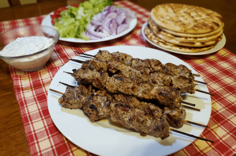 Grilled Pork Souvlaki Skewers with Tzatziki Sauce